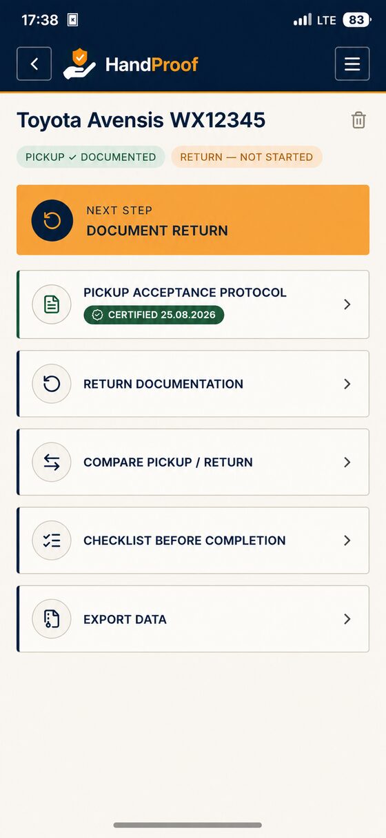 Car rental documentation screen in the HandProof app