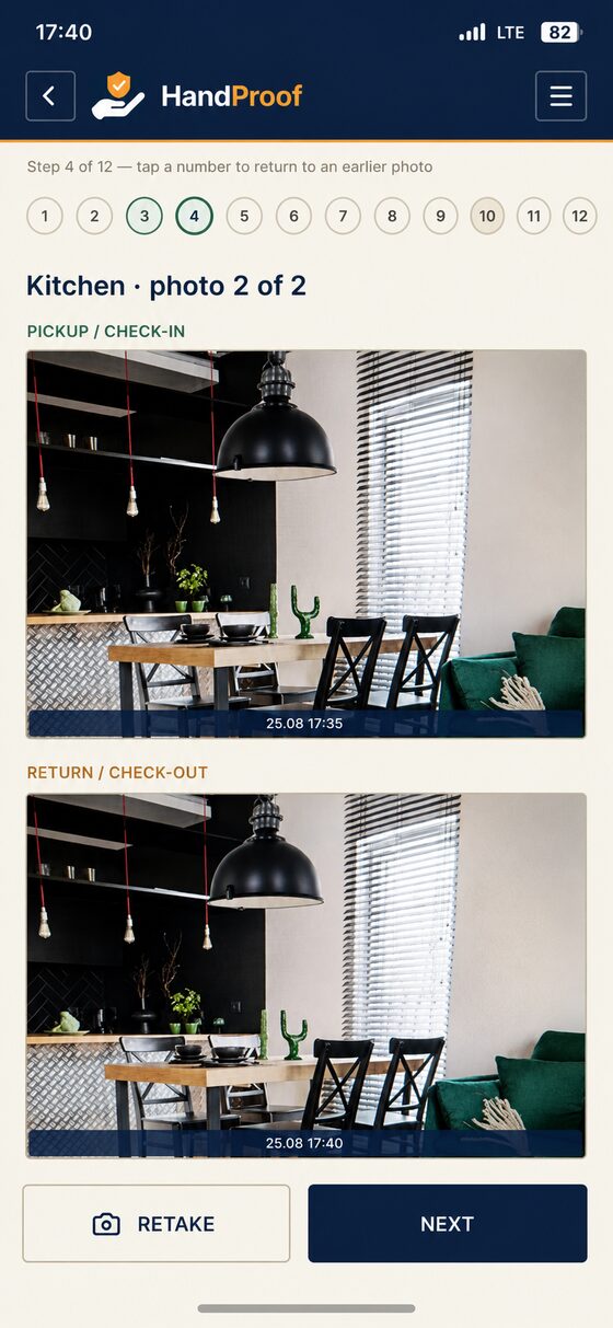 Kitchen pickup vs. return photo comparison in the HandProof app