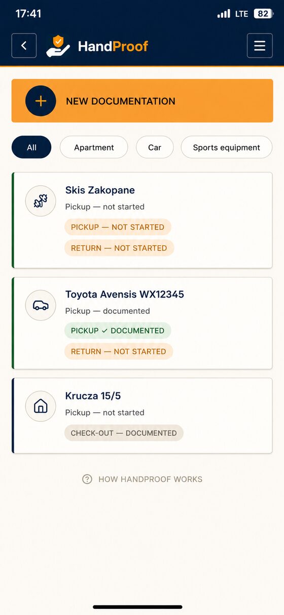 List of documented items — apartment, car, and sports gear — in the HandProof app