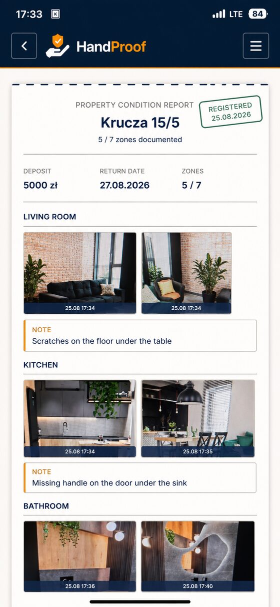 Apartment condition report generated by the HandProof app