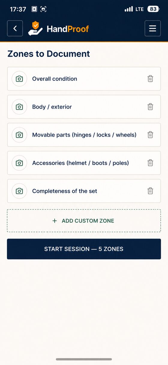 Screen for choosing zones to document in the HandProof app