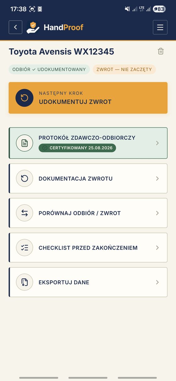 Ekran dokumentacji wynajmu samochodu w aplikacji HandProof