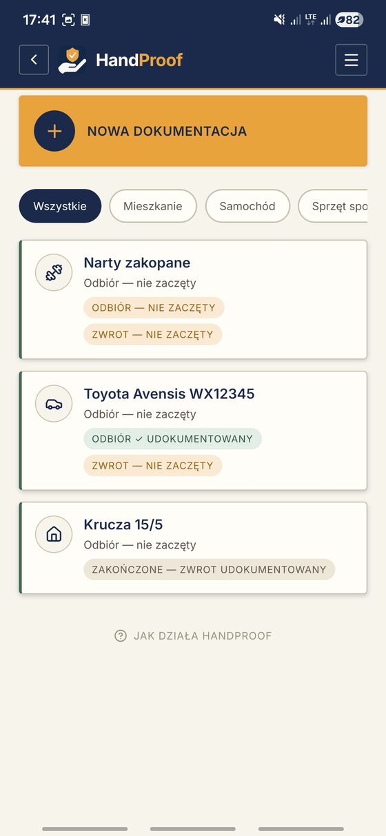 Lista dokumentacji — mieszkanie, samochód i sprzęt sportowy w aplikacji HandProof